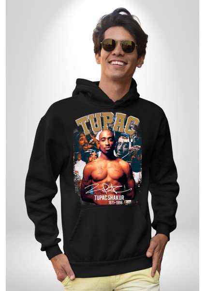 Tupac Shakur Rap Efsanesi Imza Kadın Erkek Baskılı Üç Iplik Siyah Kapüşonlu Hodie Sweatshirt modelleri