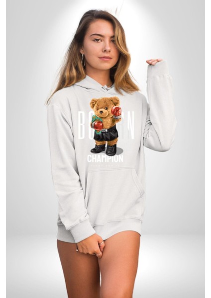 Boks Şampiyonu Oyuncak Ayı Kadın Erkek Baskılı Üç Iplik Beyaz Kapüşonlu Hodie Sweatshirt