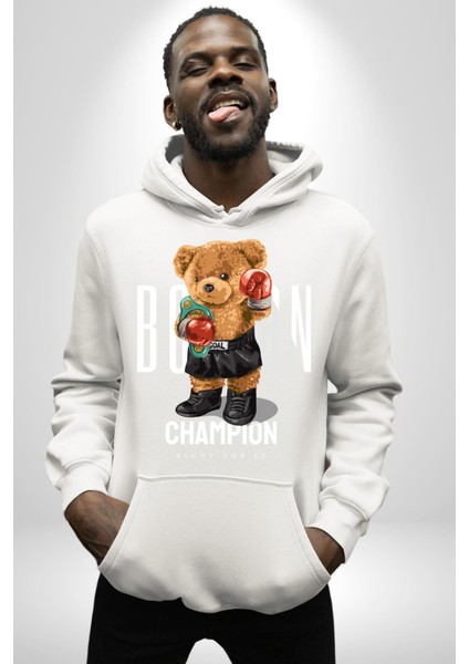 Boks Şampiyonu Oyuncak Ayı Kadın Erkek Baskılı Üç Iplik Beyaz Kapüşonlu Hodie Sweatshirt fırsatları
