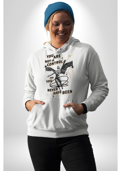 Kontrol Sende Değil Melek Kadın Erkek Baskılı Üç Iplik Beyaz Kapüşonlu Hodie Sweatshirt