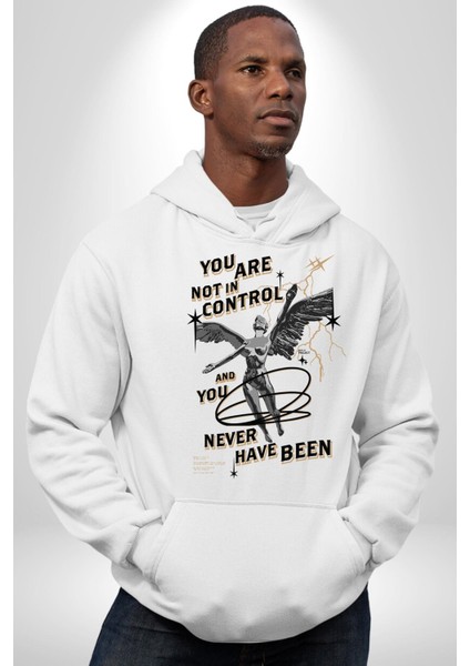 Kontrol Sende Değil Melek Kadın Erkek Baskılı Üç Iplik Beyaz Kapüşonlu Hodie Sweatshirt