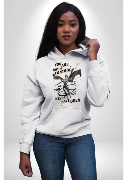Kontrol Sende Değil Melek Kadın Erkek Baskılı Üç Iplik Beyaz Kapüşonlu Hodie Sweatshirt