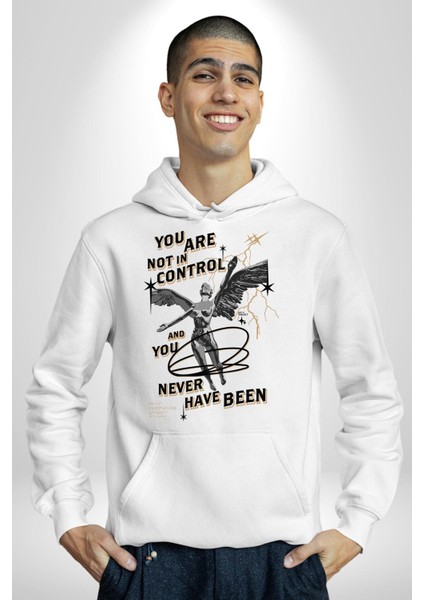 Kontrol Sende Değil Melek Kadın Erkek Baskılı Üç Iplik Beyaz Kapüşonlu Hodie Sweatshirt
