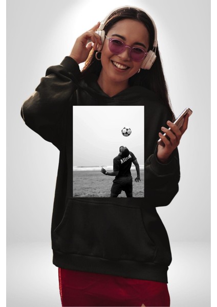 Brezilya Tarzı Futbol Futbolcu Kadın Erkek Baskılı Üç Iplik Siyah Kapüşonlu Hodie Sweatshirt