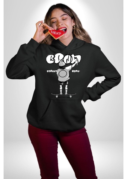 Sokak Yaşamı Kaykaylı Çocuk Grafiti Kadın Erkek Baskılı Üç Iplik Siyah Kapüşonlu Hodie Sweatshirt