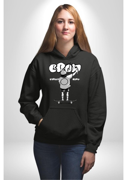 Sokak Yaşamı Kaykaylı Çocuk Grafiti Kadın Erkek Baskılı Üç Iplik Siyah Kapüşonlu Hodie Sweatshirt fırsatları