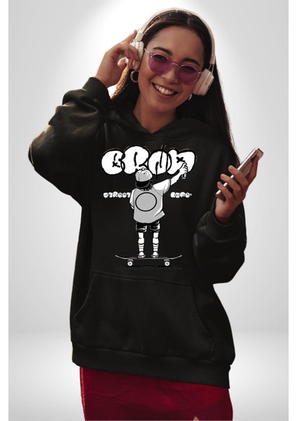 Sokak Yaşamı Kaykaylı Çocuk Grafiti Kadın Erkek Baskılı Üç Iplik Siyah Kapüşonlu Hodie Sweatshirt indirimleri