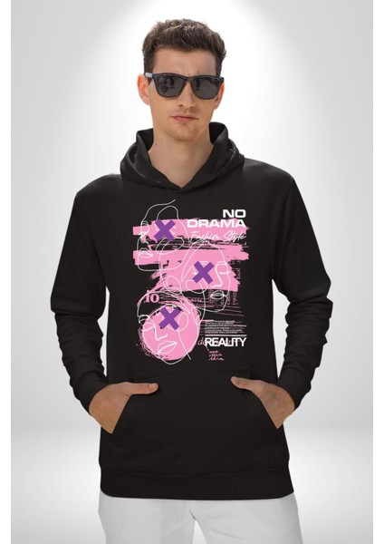 Drama Yok Sadece Gerçeklik Kadın Erkek Baskılı Üç Iplik Siyah Kapüşonlu Hodie Sweatshirt