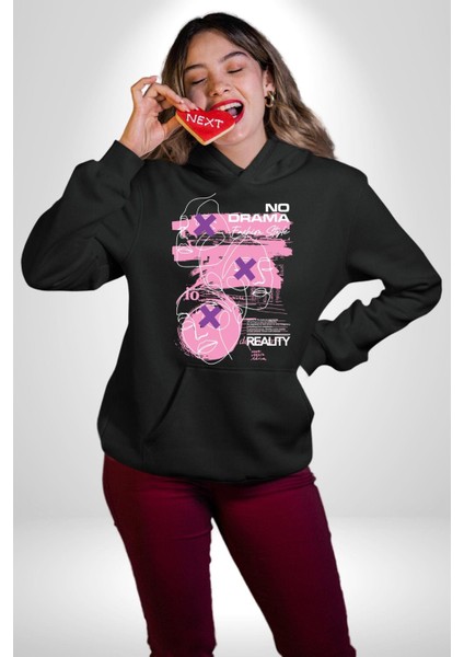 Drama Yok Sadece Gerçeklik Kadın Erkek Baskılı Üç Iplik Siyah Kapüşonlu Hodie Sweatshirt modelleri