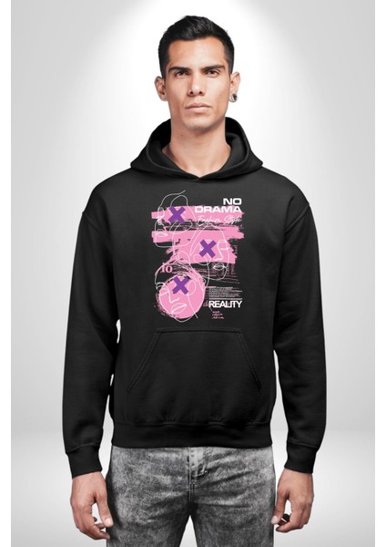 Drama Yok Sadece Gerçeklik Kadın Erkek Baskılı Üç Iplik Siyah Kapüşonlu Hodie Sweatshirt indirimleri