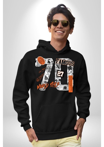 Yetmişler Dünya Sokak Tarzı Kadın Erkek Baskılı Üç Iplik Siyah Kapüşonlu Hodie Sweatshirt