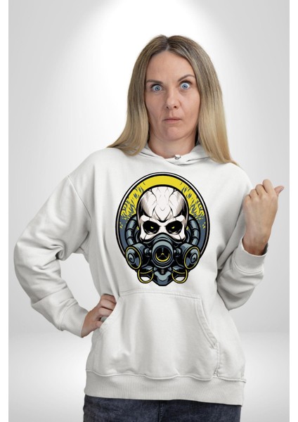 Gaz Maskeli Şeytani Kurukafatası Kadın Erkek Baskılı Üç Iplik Beyaz Kapüşonlu Hodie Sweatshirt