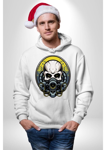 Gaz Maskeli Şeytani Kurukafatası Kadın Erkek Baskılı Üç Iplik Beyaz Kapüşonlu Hodie Sweatshirt fiyatları