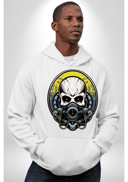 Gaz Maskeli Şeytani Kurukafatası Kadın Erkek Baskılı Üç Iplik Beyaz Kapüşonlu Hodie Sweatshirt fırsatları