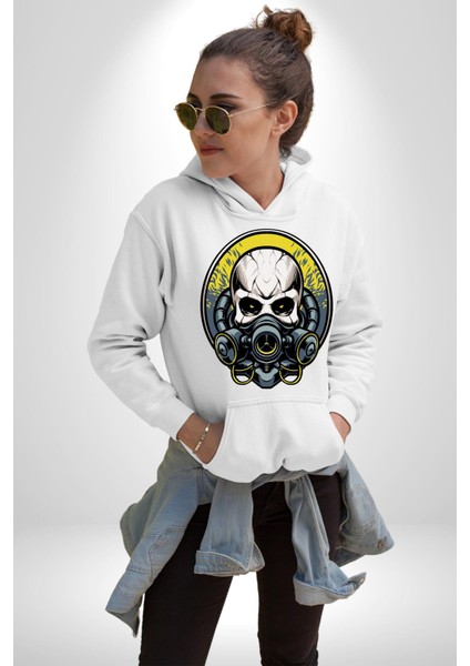 Gaz Maskeli Şeytani Kurukafatası Kadın Erkek Baskılı Üç Iplik Beyaz Kapüşonlu Hodie Sweatshirt indirimleri