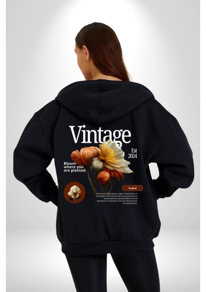 Ekildiğin Yerde Çiçek Aç Vintage Kadın Erkek Baskılı Fermuarlı Kapüşonlu Hırka Sweatshirt
