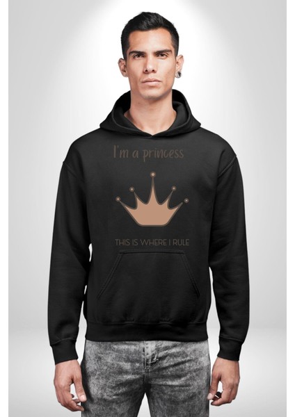 Ben Prensesim Prenses Tacı Kadın Erkek Baskılı Üç Iplik Siyah Kapüşonlu Hodie Sweatshirt fiyatları