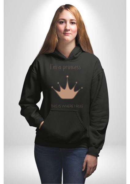 Ben Prensesim Prenses Tacı Kadın Erkek Baskılı Üç Iplik Siyah Kapüşonlu Hodie Sweatshirt modelleri