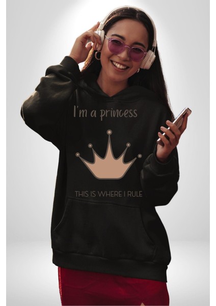 Ben Prensesim Prenses Tacı Kadın Erkek Baskılı Üç Iplik Siyah Kapüşonlu Hodie Sweatshirt fırsatları