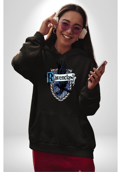 Ravenclaw Kartal Logo Kadın Erkek Baskılı Üç Iplik Siyah Kapüşonlu Hodie Sweatshirt