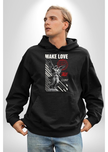 Herkesi Seviyorum Herkese Güveniyorum Kadın Erkek Baskılı Üç Iplik Siyah Kapüşonlu Hodie Sweatshirt