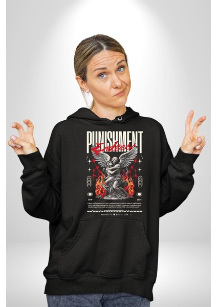 Cezanın Sonu Melek ve Yunan Insanı Kadın Erkek Baskılı Üç Iplik Siyah Kapüşonlu Hodie Sweatshirt fiyatları