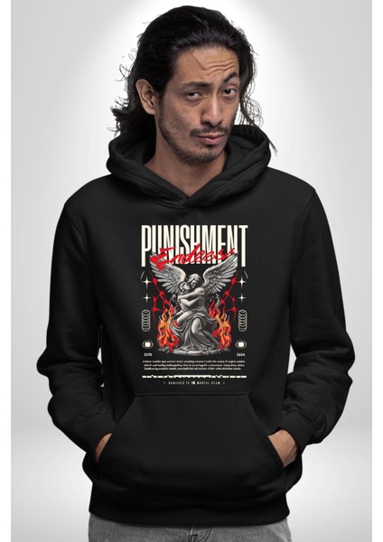 Cezanın Sonu Melek ve Yunan Insanı Kadın Erkek Baskılı Üç Iplik Siyah Kapüşonlu Hodie Sweatshirt modelleri