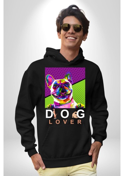 Köpek Aşığı Rengarenk Köpek Kadın Erkek Baskılı Üç Iplik Siyah Kapüşonlu Hodie Sweatshirt