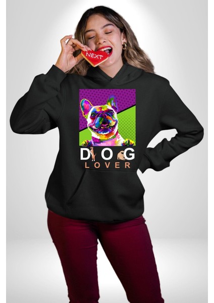 Köpek Aşığı Rengarenk Köpek Kadın Erkek Baskılı Üç Iplik Siyah Kapüşonlu Hodie Sweatshirt fiyatları