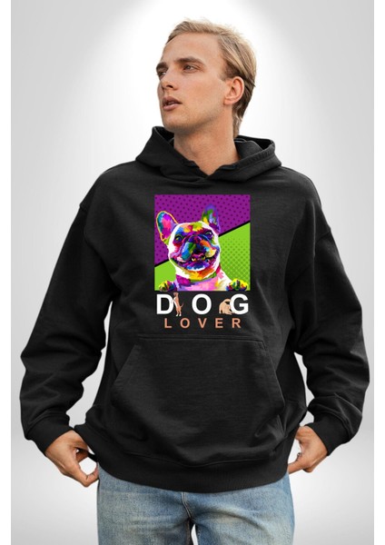 Köpek Aşığı Rengarenk Köpek Kadın Erkek Baskılı Üç Iplik Siyah Kapüşonlu Hodie Sweatshirt modelleri