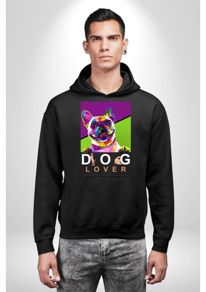 Köpek Aşığı Rengarenk Köpek Kadın Erkek Baskılı Üç Iplik Siyah Kapüşonlu Hodie Sweatshirt fırsatları