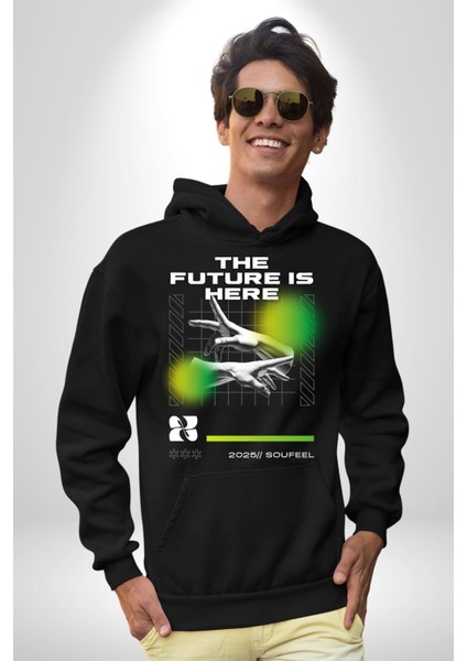 Gelecek Burada Modern Eller Kadın Erkek Baskılı Üç Iplik Siyah Kapüşonlu Hodie Sweatshirt