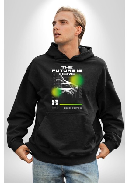 Gelecek Burada Modern Eller Kadın Erkek Baskılı Üç Iplik Siyah Kapüşonlu Hodie Sweatshirt modelleri