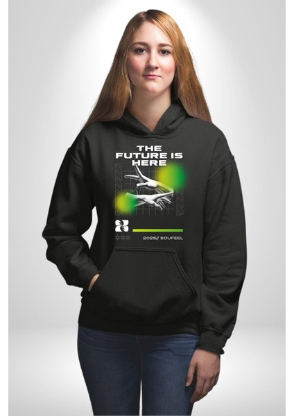 Gelecek Burada Modern Eller Kadın Erkek Baskılı Üç Iplik Siyah Kapüşonlu Hodie Sweatshirt indirimleri