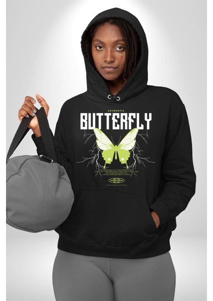 Otantik Kelebek Sokak Tarzı Kadın Erkek Baskılı Üç Iplik Siyah Kapüşonlu Hodie Sweatshirt