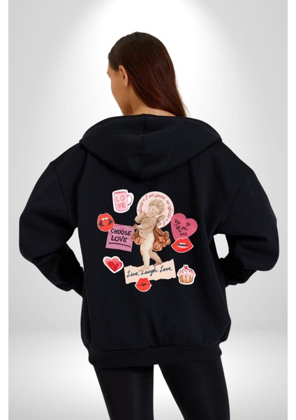 Aşkı Seç Heykel Aşk Meleği Kadın Erkek Baskılı Fermuarlı Kapüşonlu Hırka Sweatshirt indirimleri