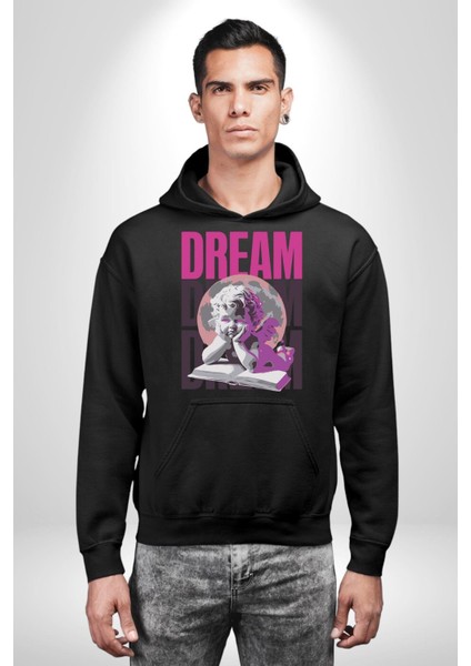 Kötü Yöntem Gül ve Heykel Kadın Erkek Baskılı Üç Iplik Siyah Kapüşonlu Hodie Sweatshirt