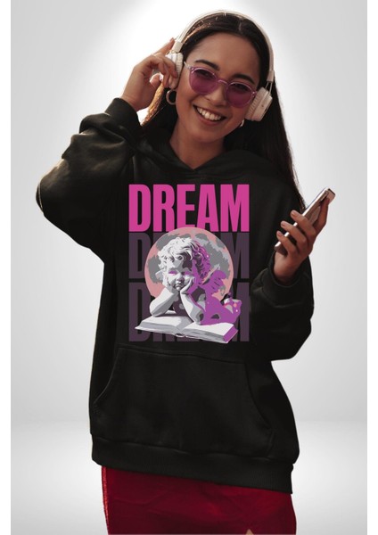 Kötü Yöntem Gül ve Heykel Kadın Erkek Baskılı Üç Iplik Siyah Kapüşonlu Hodie Sweatshirt modelleri