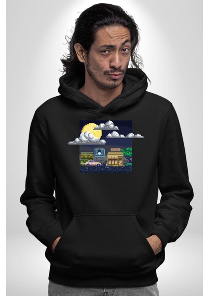 Retro Gece Vibe Oyun Kadın Erkek Baskılı Üç Iplik Siyah Kapüşonlu Hodie Sweatshirt