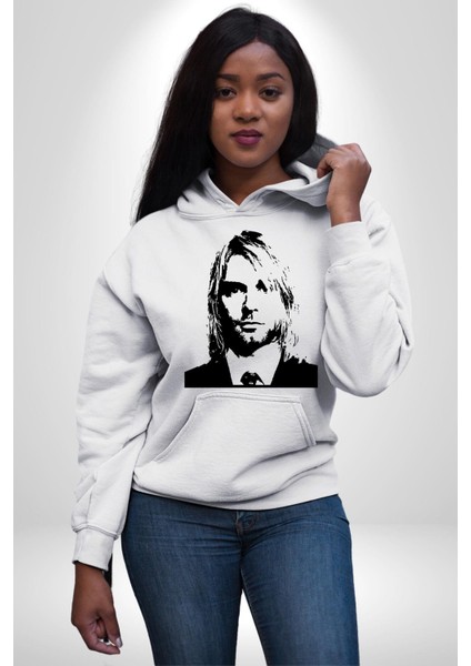 Kurt Cobain Nirvana Gitarist Kadın Erkek Baskılı Üç Iplik Beyaz Kapüşonlu Hodie Sweatshirt