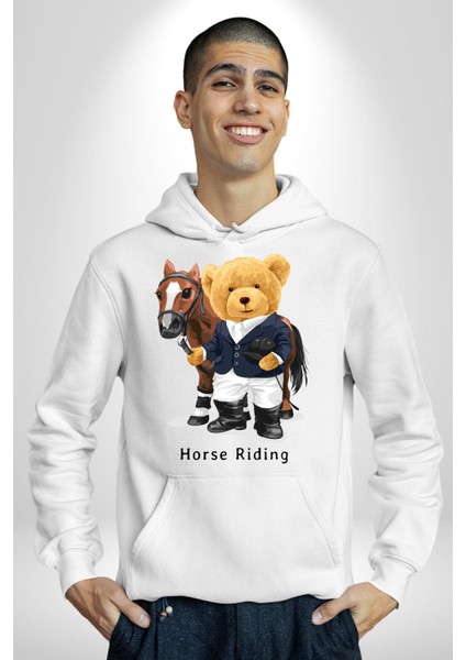 Binici Tatlı Havalı Oyuncak Ayı Kadın Erkek Baskılı Üç Iplik Beyaz Kapüşonlu Hodie Sweatshirt