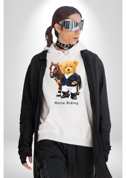 Binici Tatlı Havalı Oyuncak Ayı Kadın Erkek Baskılı Üç Iplik Beyaz Kapüşonlu Hodie Sweatshirt modelleri