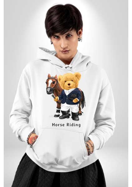 Binici Tatlı Havalı Oyuncak Ayı Kadın Erkek Baskılı Üç Iplik Beyaz Kapüşonlu Hodie Sweatshirt fırsatları