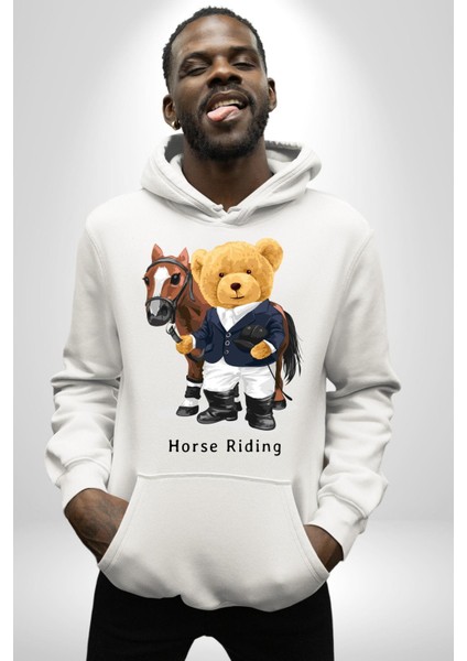 Binici Tatlı Havalı Oyuncak Ayı Kadın Erkek Baskılı Üç Iplik Beyaz Kapüşonlu Hodie Sweatshirt indirimleri