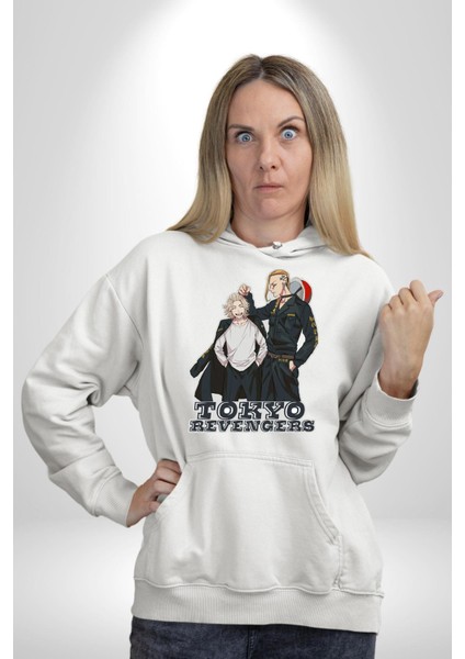 Tokyo Revengers Anime Kadın Erkek Baskılı Üç Iplik Beyaz Kapüşonlu Hodie Sweatshirt
