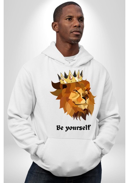 Kendin Ol Taçlı Aslan Cimbom Kadın Erkek Baskılı Üç Iplik Beyaz Kapüşonlu Hodie Sweatshirt fiyatları