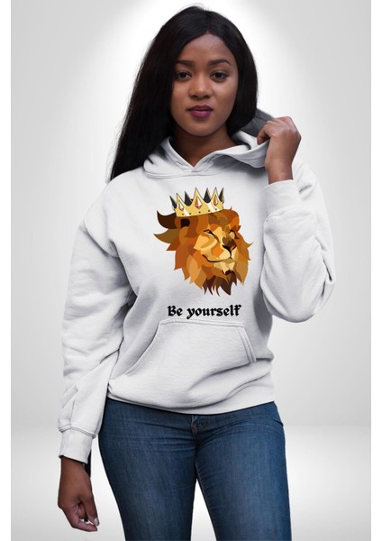 Kendin Ol Taçlı Aslan Cimbom Kadın Erkek Baskılı Üç Iplik Beyaz Kapüşonlu Hodie Sweatshirt fırsatları