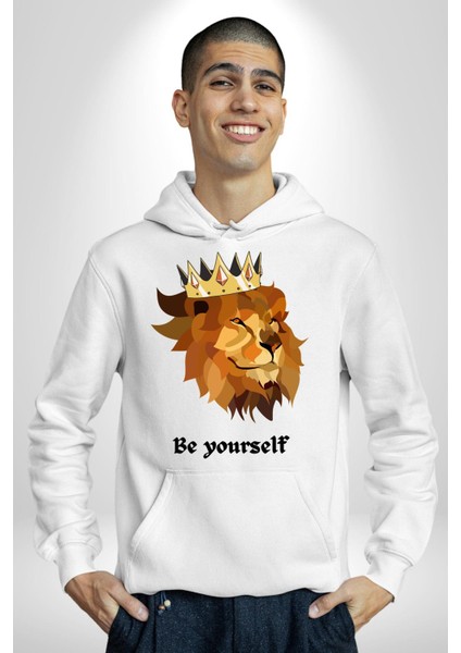 Kendin Ol Taçlı Aslan Cimbom Kadın Erkek Baskılı Üç Iplik Beyaz Kapüşonlu Hodie Sweatshirt indirimleri