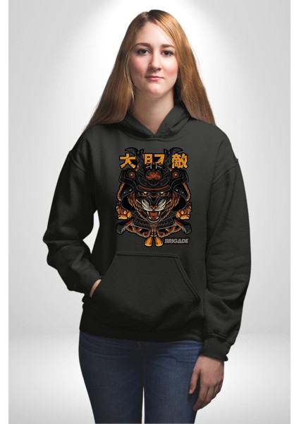 Kaplan Samuray Savaşçı Kadın Erkek Baskılı Üç Iplik Siyah Kapüşonlu Hodie Sweatshirt indirimleri