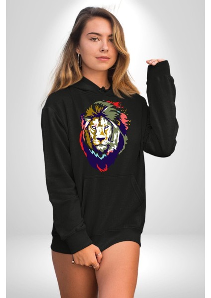 Kahin Rengarenk Havalı Aslan Kadın Erkek Baskılı Üç Iplik Siyah Kapüşonlu Hodie Sweatshirt